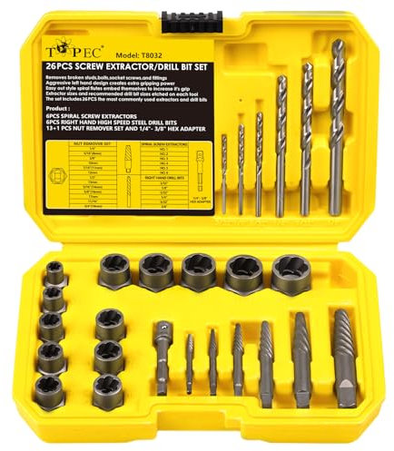 Topec Broken Bolt Extractor Set, 26Pcs Stripped Screw Extractor Kit with Drill Bits, Easy Out Tool Socket Set for Removing Damaged, Rounded, Rusted Nuts & Screws