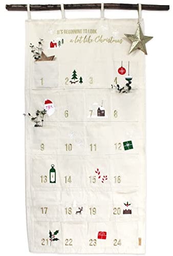 Papierdrachen Adventskalender 2024 als Wandkalender aus Stoff zum Befüllen - beige & gold - hochwertig bestickt - Stoffbeutel - Geschenksäckchen - wiederverwendbar - Set Nr 34