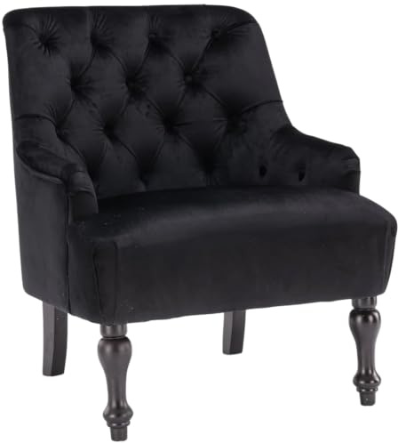 Antique Retro Chesterfield Buttoned Black Velvet Occasional Accent Chair – Luxurious Tufted Single Armchair for Traditional Modern Small Spaces , Living Room Bedroom Conservatory Office Reading