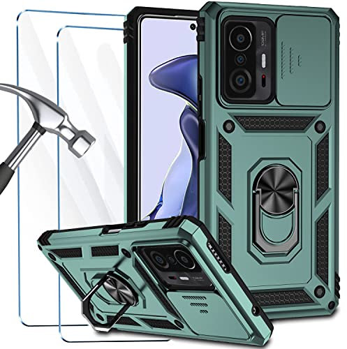 ATISIJIE Carcasa para Xiaomi 11T/11T Pro 5G Funda con 2 Protector Pantalla Vidrio Templado HD, [Protección de la cámara] Antigolpes Militar Funda Xiaomi 11T/11T Pro 5G Magnetic Anillo Case Verde
