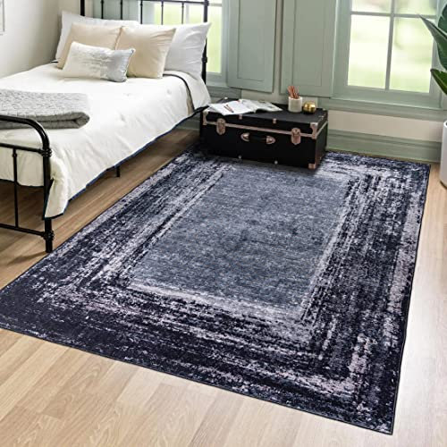 Mazovia Modern Teppich - Kurzflor Waschbar - Weich Teppich für Wohnzimmer, Schlafzimmer, Esszimmer – Teppiche Bordüre Vintage - Schwarz Grau 140 x 200 cm
