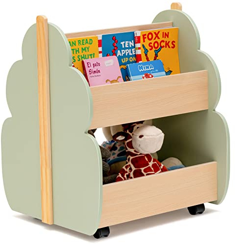 LIFEZEAL Bücherregal Kinder, Standregal Kinderregal mit Rädern | 2-Stufiges Spielzeugregal Holz, Kinderzimmerregal im Baumdesign, Mehrzweck Aufwahrungsorganzier für Arbeitszimmer, Grün