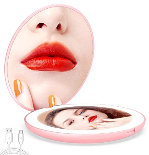 WOBSION LED Spiegel mit 1X / 10X Vergrößerung,USB Wiederaufladbar Faltbarer Reisespiegel mit Licht Dimmbarer,Tragbarer Taschenspiegel für Reise und Makeup,Kleiner Handspiegel als Geschenk,Rosa