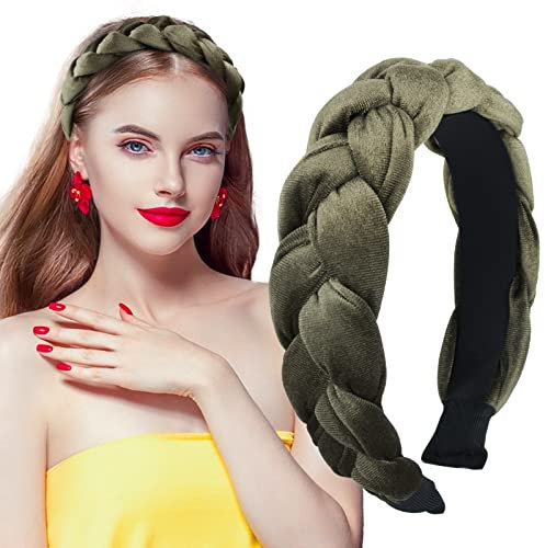 BETESSIN Samt Haarreif Dirndl Geflochten Stirnband Breit Haarband Vintage Gepolsterte Haarreifen Trachten Haarschmuck Rockabilly Kopfband für Damen und Mädchen Grün