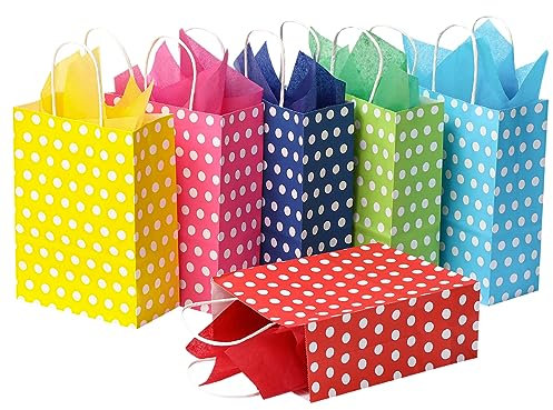 Cootato 24 Stück Geschenktaschen mit 24 Taschentüchern, 6 Farben Party Favor Taschen mit Griffen, Punkt Geschenktüten aus Kraftpapier für Geburtstag Hochzeit Babyparty, Party und Geschenke (Punkt)