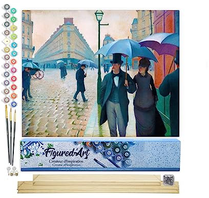 Figured'Art Peinture par Numéro Adulte Rue de Paris, temps de pluie - Activité Manuelle Kit de Loisir Créatif DIY Numéro d'Art Complet - 40x50cm avec châssis en bois à monter
