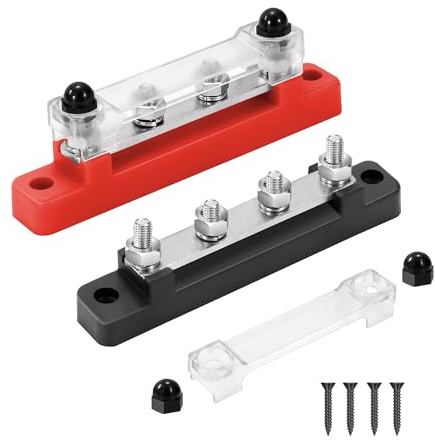 GUNGY Blocco di Distribuzione dell'alimentazione 12V-48V DC Busbar 150A Morsettiera di Alimentazione con 4 x M6 Terminale a Bolts per Auto Camion Barca Rosso e Nero 2 Pezzi