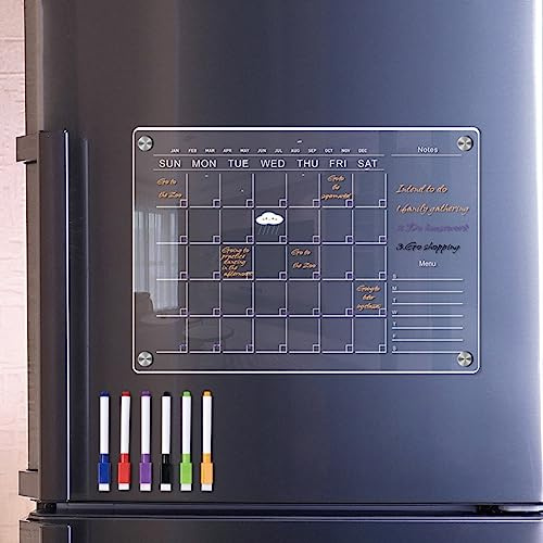 RANRAO Acryl Magnetkalender, Magnetischer Kühlschrankplaner, Abwischbare Kühlschrankmagnet Monats-und Wochenkalender mit 6 Markern, Wiederverwendbarer Klarer Acrylkalender Planer Board für Kühlschrank