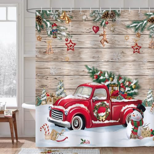 Bonhause Rideau de Douche Noël Camion Rouge Arbre de Noël Bonhomme de Neige Rideau de Bain Tissu Polyester Anti Moisissure Imperméable Lavable Rideau Salle de Bain 180 x 180 cm avec 12 Crochets