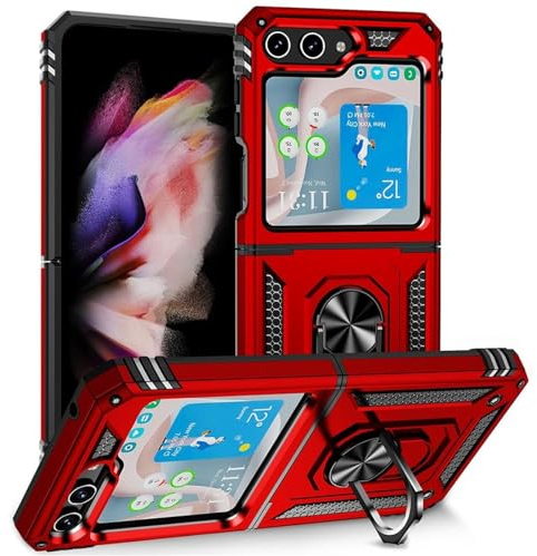 Verco Hybrid Armor Shield Case für Samsung Galaxy Z Flip 5 Hülle, extrem robust mit Magnet Fingerring Halter Handyhülle für Galaxy Z Flip 5 5G Panzerhülle, Rot