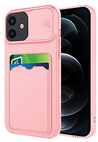 Compatible avec Coque iPhone 12 Mini Antichoc avec Porte Carte, Etui iPhone 12 Mini Silicone avec Protection Cache Camera Coulissant Coque de Telephone Ultra Fine Housse (Rose)