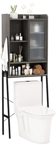 LIFEZEAL Armario sobre Inodoro para Baño, Mueble de Almacenamiento Encima WC con Estantes Ajustables, Puerta Corredera y Ganchos, Organizador Independiente y Compacto sobre Lavadora (Gris)