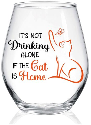 WUUCKOO Weinglas ohne Stiel mit Aufschrift It's Not Alone If The Cat Is Home, lustiges Einweihungsgeschenk für Katze, Mutter, Vater, Katzenliebhaber, Geschenk für ihn, Haustierliebhaber, Geschenk