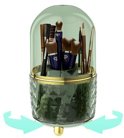 Terafeels Porta-pennelli da trucco verde rotante a 360 gradi, con coperchio antipolvere, organizer per cosmetici, organizer per rossetto, lucidalabbra, eyeliner, bagno, 8102