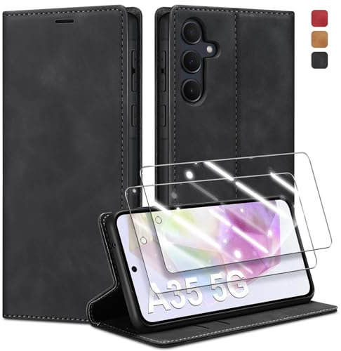 Guisessy Handyhülle für Samsung Galaxy A35 5G Hülle Leder und 2 Schutzfolie, Premium Klappbar Flip Wallet mit Magnet Kartenfach Standfunktion Schutzhülle für Samsung A35 5G, Schwarz
