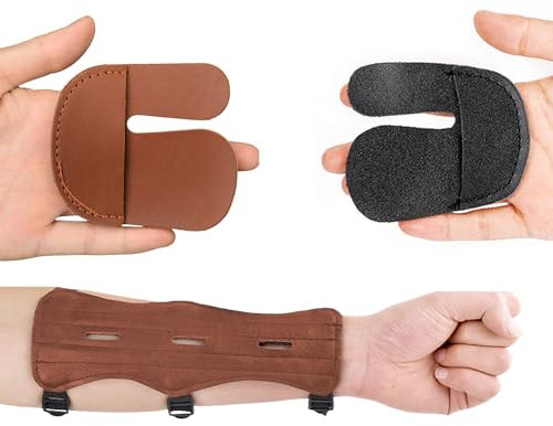 Fiita Bogenschießen Arm Guard Finger Schutz Set, Schutzleder mit 3-Schnallen, Unterarm Handgelenkschutz Jagd Schießen Arm Schutz, Schießen Jagd Pfeil Bogen Ausrüstung(Kaffeefarbe)