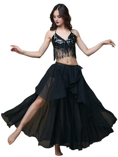 MUNAFIE Langer Rock mit Schlitz Irregulär Röcke für Damen Tanzrock Tanzkleid Bauchtanz Kostüm Schwarz