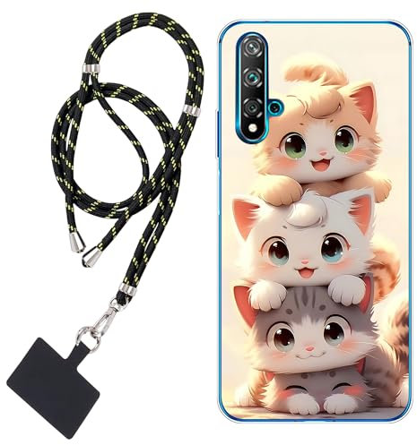 WUACYEAMING Carcasa para Móvil Compatible con Huawei Nova 5T Cover Funda Transparente para móvil con Dibujo TPU Gato lindo1*Cordón para Teléfono Ajustable