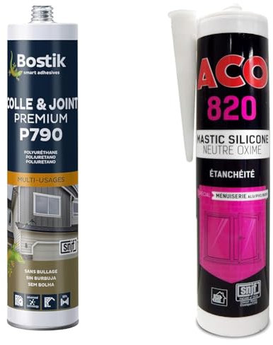 Bostik Mastic Colle & Joint Polyuréthane Premium P790 Noir, Multi-Usages, Intérieur et Extérieur & ACO N820-000300E ACO820 Mastic Silicone Neutre Oxime, Special Etancheite Menuiserie, Noir