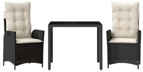vidaXL Garten Essgruppe 3-TLG., Gartenmöbel Set Tisch mit 2 Stühle, Gartengarnitur mit Kissen, Sitzgruppe Essgarnitur Terrasse, Schwarz Poly Rattan