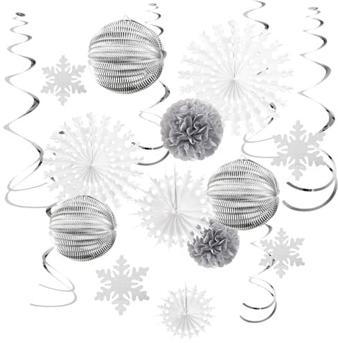 SUNBEAUTY 18 Pcs Silver Paper Pom Poms Decoration White Snowflake Hanging Ceiling Paper Fans Bright Silver Lanterns Honeycomb Balls for Birthday Baby Shower Wedding Themed Party Home Decor