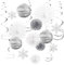 SUNBEAUTY 18 Pcs Silver Paper Pom Poms Decoration White Snowflake Hanging Ceiling Paper Fans Bright Silver Lanterns Honeycomb Balls for Birthday Baby Shower Wedding Themed Party Home Decor