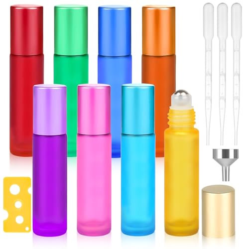 8pcs Roll on Glasflaschen für Ätherisches Öl, 10ml Roll on Flasche Leer mit Edelstahl-Ball, Bunt Rollon Flaschen mit Öffner, Tropfer, Trichter für Ätherische Öle, Parfüm, Massage