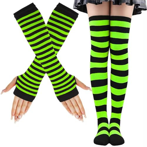 LUKIUP KniestrüMpfe Fluoreszierende grüne Anzug, Hohe Elastizität Gestreifte Warme Fingerlose Handschuhe Kniehohe Socken Set, Mädchen Damen Extra Lange Socken für Halloween Cosplay