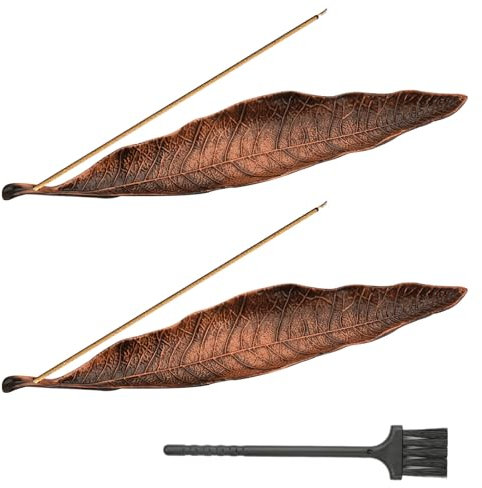 2 Pièces Porte Encens Support à Encens en Forme Feuille, Support Encens, Métallique Porte-Encens Décoratif avec Mini Balai pour Maison Bureau Yoga Méditation Accessoire de Décoration Intérieure 21 cm