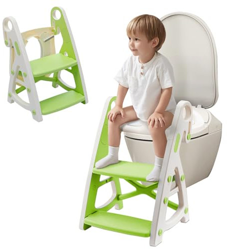 Holdfiturn Potty Training Seat Toilet Seat Kids Adjustable Potty Ladder Seat for Toilet Training with Steps Handle Soft Cushion Design 2 in 1 Potty Training Toilet Seat (Green)