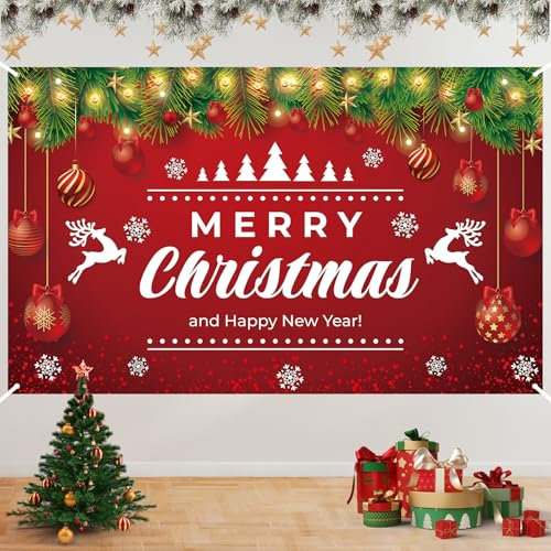 Weihnachten Dekoration - Rot Weihnachtsbaum Elch Banner, Große Frohe Weihnachten Hintergrund, Hängen Banner für Draußen Drinnen Happy New Year Deko