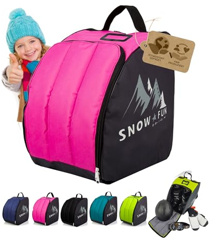 BAMBINIWELT Bolsa para botas de esquí para niños, bolsa para botas de esquí con superficie de soporte integrada, mochila de resistente Cordura, espacio para botas, casco, gafas de esquí y guantes