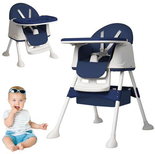 ACXIN 3-in-1 Klappbarer Baby Essstuhl, Höhenverstellbarer Kinderhochstuhl mit Doppeltablett und Rollen, Abnehmbarer Sitz für Zuhause und Reisen, Blau