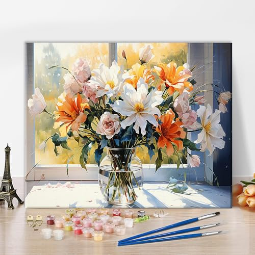 TISHIRON Peinture par numéros pour adultes débutants, bouquets dans un vase en verre, tableau de couleur, vase d'automne, fleurs à faire soi-même, tableau de couleur sur toile, peinture nature morte,