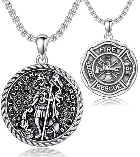 Shusukue Sankt Florian Halskette für Feuerwehrleute, 925 Sterlingsilber, Anhänger mit St.-Florian-Medaille, Beschützer-Medaillon,St.-Florian-Amulett, Geschenk für Männer, Feuerwehrleute, Sohn, Vater