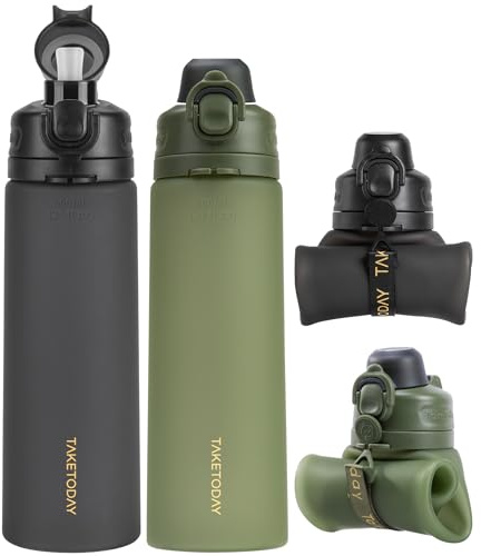 TakeToday 21oz Collapsible Water Bottles 2 Pack, Leakproof BPA Free Collapsible Silicone Travel Water Bottle with Straw Strap for Travel Outdoor (Black &