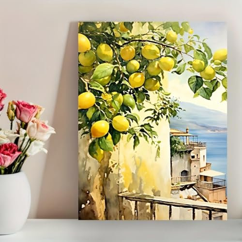 LSYALUCK Farbiger Zitronenbaum-Kunstdruck auf Leinwand, Poster, lebendige Wandkunst, Heimdekoration, Wanddekoration für Büro, Schlafzimmer, Wohnzimmer, Esszimmer, 60x100cm, mit schwarzem Rahmen
