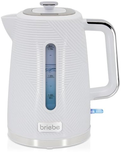 briebe Elegance Bollitore Elettrico 1,7L, Teiera Elettrica per Infusione da 2200 W, Ebollizione Rapida, senza BPA, Base a 360°, Controller Strix, Spegnimento Automatico, Design Moderno, Bianco
