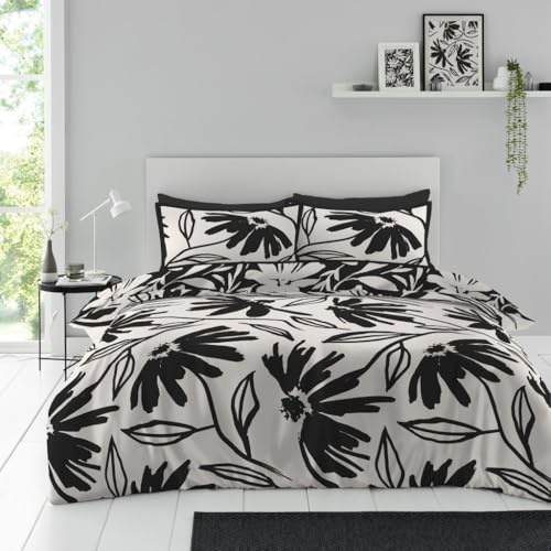 Lions Black and White Bedding Set - 4 Piece Floral Printed King Size Duvet Cover with Pillowcase, Soft Reversible Quilt Covers, Reversible Poly Cotton (1 Duvet Cover, 2 Pillow Case, 1 Bed Sheet)
