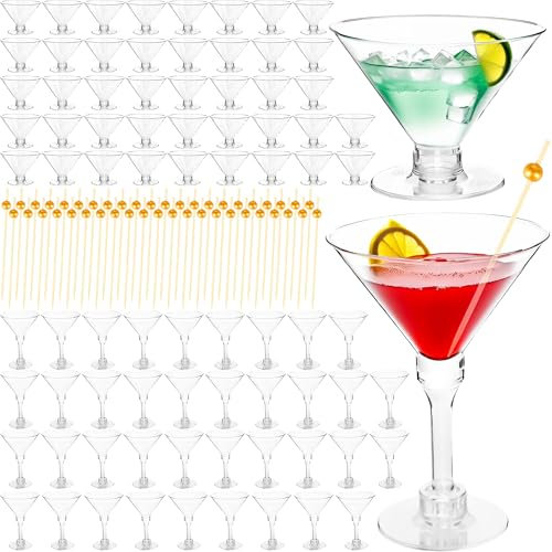 100 Pcs 5 oz Plastic Martini Glasses Set Includes 50 Pcs Tall Cocktail Glasses and 50 Pcs Short Martini Cups with 100 Pcs Cocktail Sticks for Birthday Wedding Disco Parties Wine Dessert Puddings