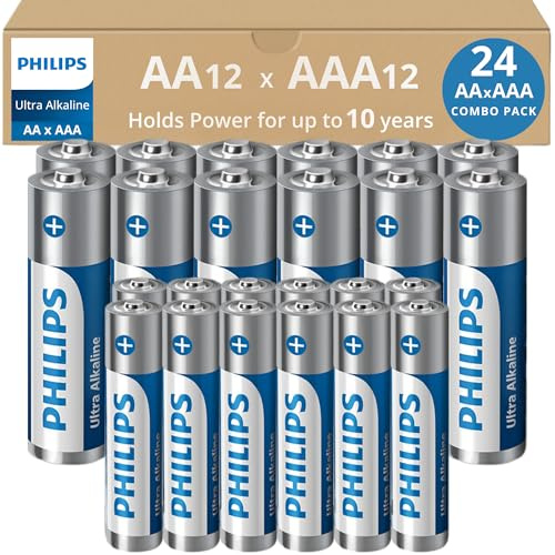 PHILIPS - Confezione combinata da 24 batterie AA e AAA, confezione variegata di batterie ultra alcaline, confezione da 12 pezzi ciascuno, durata di 10 anni, potenza di lunga durata, imballaggio
