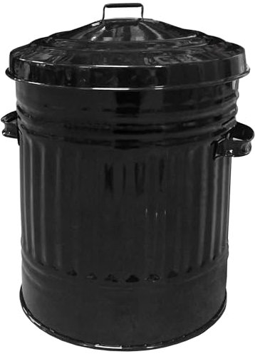 Black Metal Bin with Lid Retro Style 46cm Steel Dustbin Feed Ash Bin - 30L