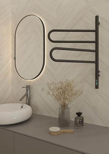 Elna - Radiateur serviette électrique 62 W - 650 x 460 mm - Radiateur de salle de bain noir avec 2 bras pivotants - Minuterie et thermostat - IP44 - Montage mural