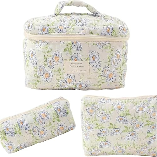 Pyuyan 3 Pièces Trousse Maquillage, Set Make Up Bag, Maquillage Grande Capacité Voyage Motif Floral, Matelassée Trousse Toilette, Trousses de Toilette Matelassées, pour Femmes Et Filles(Fleurs Vertes)