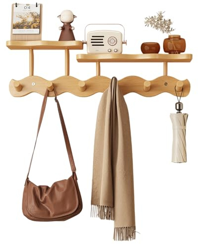 Porte-manteau en bambou avec étagère - 52 cm - Crochets muraux double couche - 6 crochets en bois robustes pour entrée, couloir, salle de bain et chambre à coucher - Cintre peu encombrant pour