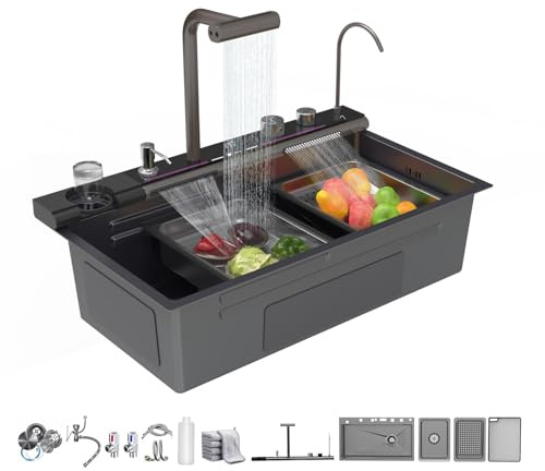 Negro Fregadero Multifuncional 1 Seno Estilo cascada Encimera Cocina Acero inoxidable Nano Revestimiento Fregadero Inteligente con Tabla de cortar, Dispensador De JabóN, Accesorios (68x45x22cm)