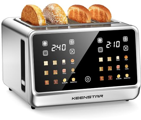 4-Scheiben-Toaster, Smart-Toaster aus Edelstahl, 3,8 cm breite Schlitze, 6 Schatteneinstellungen und 6 Brotsorten für Bagels, Timer