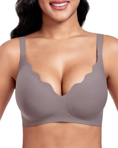 Vinfact Women's Bras Plunge V Floral Non Wired Push up Padded Comfort Everyday Bra-Brown-3XL