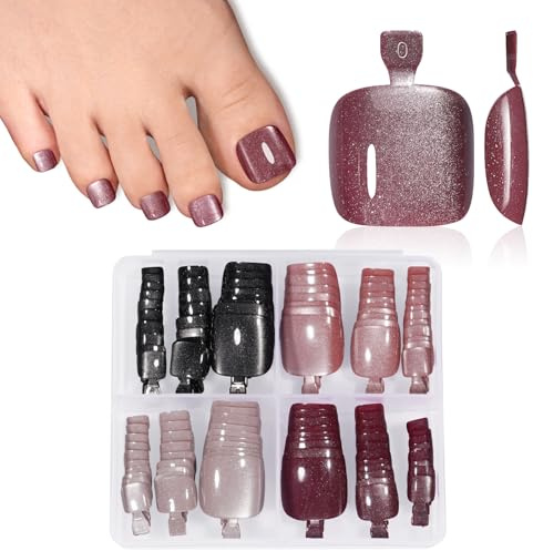 TOMICCA 120 Pcs Cat Eye Press On Toenails, 15 Sizes Full Cover False Toenails with 4 Styles (Black/Coffee/Burgundy/Pink Brown) – Magnetic Glitter Stick on Toenails for Women, DIY Home Manicure Kit