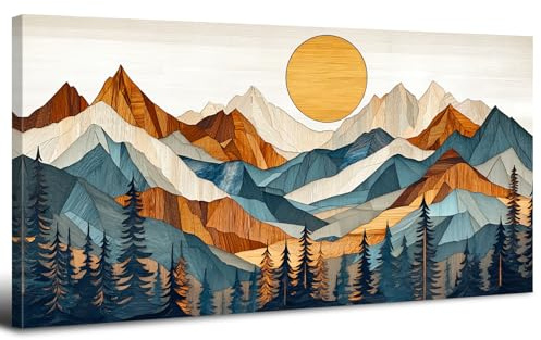 Impressions sur Toile Montagne Gravée sur Bois Tableau Lever de Soleil Vintage Décoration Murale Paysage Naturel Affiche de Peinture Texturée Abstraite Œuvres d'art sur Forêt pour Chambre 50x100 cm